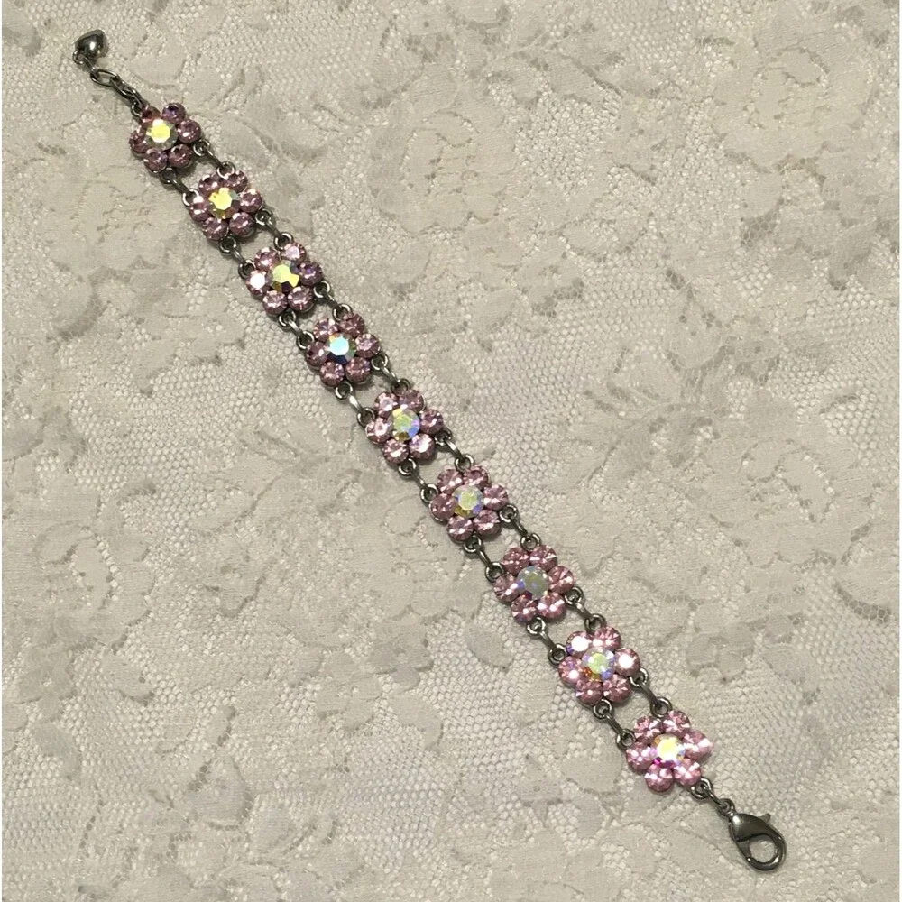 Rhinestone Floral Chain Bracelet Pink AB Stones Silver tone Coquette girl style